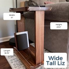 the side table is labeled with measurements for each piece