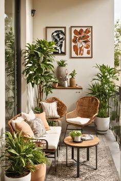 a living room filled with lots of furniture and potted plants on top of it