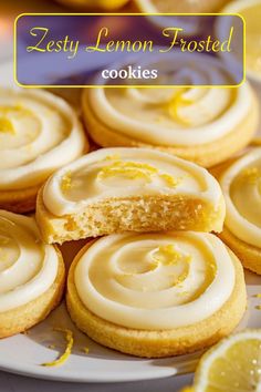 lemon frosted cookies on a plate with the words zesty lemon frosted cookies