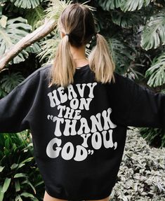 "❤️ Heavy on the \"Thank you, God\" oversized sweatshirt ❤️ Retro 70's bubble font ❤️ Sure to become your new favorite sweatshirt! ❤️ Super-soft & cozy sweatshirt with a vintage look and feel ❤️To ensure sizing, refer to size chart in photos and compare measurements to those of a sweatshirt you already own that fits well. ❤️ Cotton/poly blend. ❤️ Non-toxic, eco-friendly, water-based inks safer for you & the environment" Oversized Lettering Sweatshirt For Fall, Oversized Slogan Sweater For Streetwear, Oversized Crew Tops With Letter Print, Oversized Band Merch Sweatshirt For Fall, Band Merch Sweater With Letter Print And Relaxed Fit, Retro Sweatshirt With Letter Print In Relaxed Fit, Oversized Crew Sweatshirt With Letter Print, Fall Band Merch Sweatshirt With Text Print, Casual Oversized Screen Print Sweatshirt