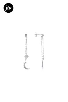 Bella Luce �� white diamond simulant 0.58ctw round, rhodium over sterling silver moon and stars dangle earrings. Measure approximately 2.06"L x 0.25"W and have pushback backings. The diamond equivalent weight is 0.36ctw. Diamond Simulant, Silver Moon, Moon And Stars, White Diamond, Cubic Zirconia, Dangle Earrings, Moon, Sterling Silver, Stars