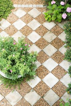 an aerial view of a small garden area