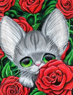 a painting of a cat with green eyes surrounded by red roses