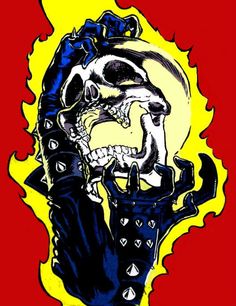 a drawing of a skeleton in front of a red background with yellow and blue flames