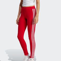 Adidas Originals Leggings Xs Red 3 White Stripe On Each Side Nwot Great Condition Never Worn Red Leggings, Red Adidas, Adidas Pants, Adidas Women, Adidas Originals, White Stripe, Pant Jumpsuit, Red White, Red And White