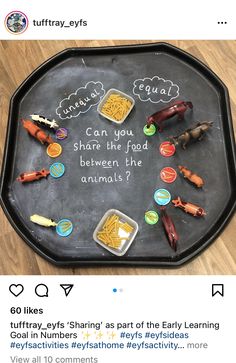 a black tray with writing on it and some toys in the bottom right hand corner that says, can you share the food between the animals?