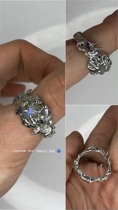 three pictures of a person's hand holding a silver ring