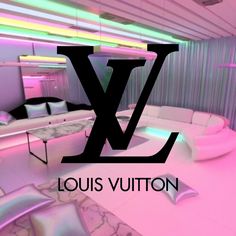 the louis vutton logo is lit up in pink and purple lights, with white couches