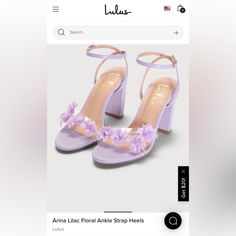 Lulus Heels, Size 5. Color: Lilac. Style: Arina. 3d Flowers. Rapunzel Shoes Heels, Purple Quinceanera Heels, Quinceanera Heels, Quince Heels, Lulus Heels, Orange Strappy Heels, Lilac Heels, Lavender Heels, Purple Quince