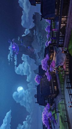 the sky is filled with clouds and purple flowers