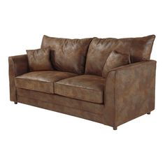 American Furniture Classics - Sleeper Sofas - 100S - The Palomino sleeper sofa features a beautiful, rustic leather-look microfiber fabric. Solid wood frames and legs create a product that will last for years. Fiber wrapped, high density foam cushions offer a soft but supportive seating experience. The sleeper sofa includes an inner spring, quilted top queen mattress and features a Leggett & Platt mechanism.Features : Materials: Microfiber, solid wood; Finish: Brown; Leather look solid color microfiber; Comfortable foam seat and back cushions are wrapped with fiber for a comfortable seat; Two solid microfiber pillows included; Sturdy pull out bed mechanism for years of use; The fabric on this item is NOT pet friendly. Returns resulting from pet damage will not be allowed.; Inner spring, qu Big Comfy Couches, Rustic Couch, Apartment Furniture Ideas, Cheap Couch, Camp Cabin, Leather Sleeper Sofa, Fold Out Beds, Furniture For Kids, Cabin Decorating