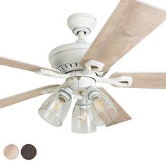 a white ceiling fan with three wooden blades and two glass shades on the light fixture