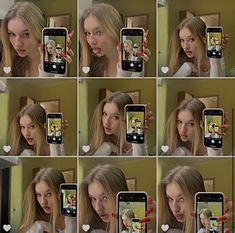 multiple pictures of a woman making faces with her cell phone and holding up the screen