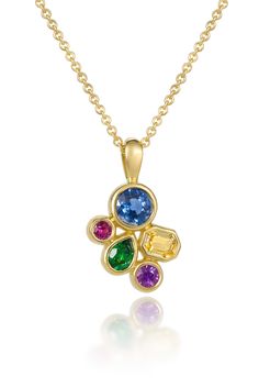 Gold & Stone Necklace - This exuberant Tutti Frutti pendant brings all the colors of summer together in one playful cluster: cobalt blue, sun yellow, and dahlia pink sapphires measuring 2ct total is complemented by a 0.15ct green tsavorite garnet leaf. One of a kind, lobster clasp closure. Round Stone Pendant, Gold Stone Necklace, Dahlia Pink, Chain Ideas, Colors Of Summer, Bezel Jewelry, Sun Yellow, Tsavorite Garnet, Cluster Necklace