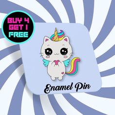 a white cat with a unicorn horn on it's head and text buy 4 get 1 free enamel pin