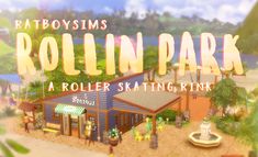 a roller skating park with people walking around it and the words rollin park above it