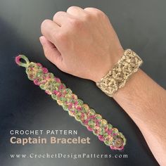 a hand holding onto a crochet bracelet on top of a black table with the caption'crochet pattern captain bracleet '