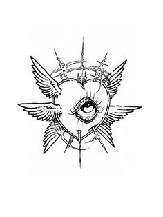 a drawing of an eye with wings on it and a heart in the middle, surrounded by arrows