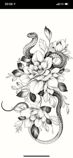 a snake and flowers tattoo design on the back of a cell phone, with text below it