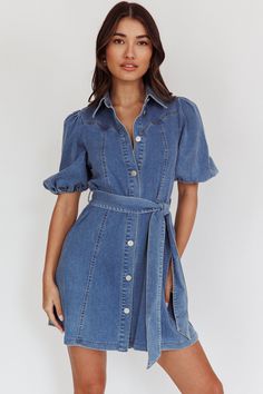 Myleigh Puff Sleeve Waist Tie Mini Dress Denim Blue by Selfie Leslie Mini Dress Puff Sleeves, Brunch Date, Dress Denim, Denim Mini Dress, Iron Material, Saddle Bag, Denim Mini, Denim Blue, Waist Tie