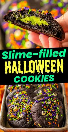 a person holding up a halloween cookie with sprinkles on it and the words slime filled halloween cookies