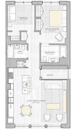 the floor plan for a two bedroom apartment with an attached kitchen and living room area