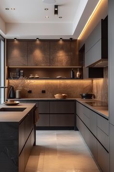 a modern kitchen with wooden cabinets and counter tops