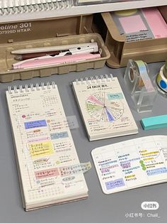 various office supplies are arranged on a desk with sticky notes, pens and other items