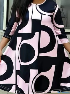 Orcajump - Plus Size Casual Dress, Women's Plus Colorblock Geometric Print Three Quarter Sleeve Round Neck Midi Dress Geometric Dress, Geometric Print Dress, Vestido Plus Size, Long Sleeve Casual Dress, Plus Size Maxi Dresses, Vestido Casual, Midi Dress With Sleeves, Stretch Dress, Printed Mini Dress