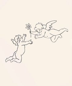 two cherubs playing with a flower on a white background, black and white drawing