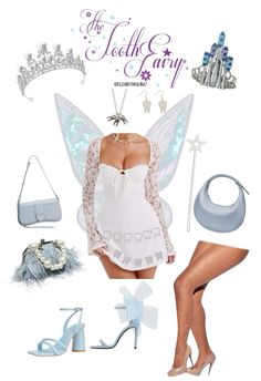 a woman in white dress and accessories on top of a poster with the words teeth fairy