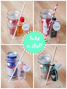 there are four pictures of jars with straws in them and the words take a shot