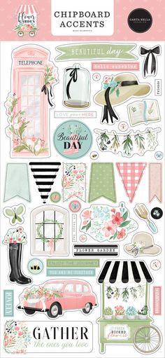 a sticker sheet with different types of items on it, including flowers and umbrellas