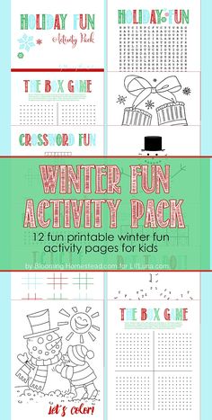 the printable winter fun activity pack is shown in red, green and blue colors