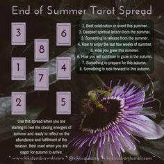 the end of summer tarot spread is shown with flowers and numbers in purples