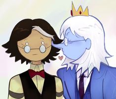 two cartoon characters one is wearing a crown and the other has a blue suit on