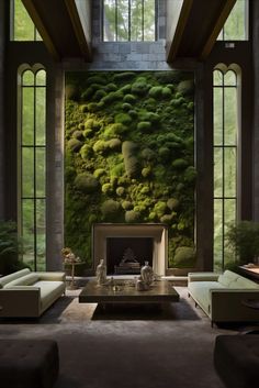 a living room with large windows and a moss covered wall