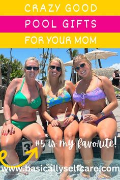 three women in bikinis sitting on the edge of a swimming pool with text overlay saying