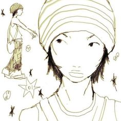 a drawing of a person with a hat on and stars around her head in the background