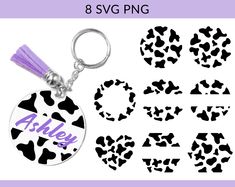 an animal print keychain with the word ahley on it and other animal prints