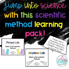 an image of some science activities with the words jump into science and this scientific method learning pack