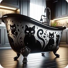 an ornate bathtub with black cats painted on the side and in front of it