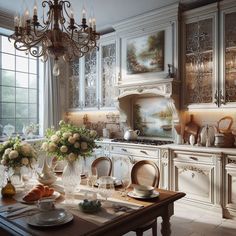 an elegant kitchen with white cabinets and chandelier hanging from the ceiling, along with flowers in vases