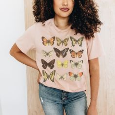 This cute cottagecore shirt features a variety of vintage butterflies. This trendy design will your new favorite shirt that you reach for again and again. * Q U I C K * F A C T S * ♥ Solid colors are 100% cotton ♥ Heather colors are cotton/poly blend ♥ Design is high quality digital print ♥ Wash and dry normally (on cool for best results) * S I Z I N G * ♥ Sizing is unisex so runs like men's, though not overly large ♥ Most women find their typical size works best, since they are meant to fit a t Cute Butterfly Print T-shirt For Spring, Spring Butterfly Graphic Print Top, Spring Butterfly Print Crew Neck Shirt, Short Sleeve Cotton Tops With Butterfly Print, Cotton Tops With Butterfly Print And Short Sleeves, Cute Spring Butterfly Print T-shirt, Cute Summer T-shirt With Butterfly Print, Butterfly Print Short Sleeve Graphic Tee, Cute Butterfly Print Summer T-shirt