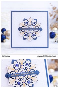 two pictures of the same card, one with blue and white designs on it's side