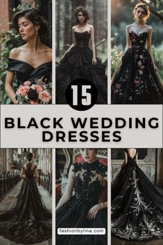 black wedding dresses with flowers on them and the title overlay reads 15 black wedding dresses