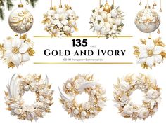 gold and ivory christmas wreaths with ornaments hanging from the top, on a white background