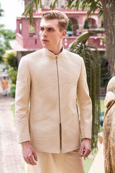 Beige full sleeves bandhgala with all over leather dori swerve embroidery. Paired with a kurta and a pant. - Aza Fashions Traditional Long Sleeve Bandhgala For Ceremonies, Luxury Formal Kurta For Festivals, Designer Fitted Beige Nehru Jacket, Fitted Beige Long Sleeve Bandhgala, Fitted Long Sleeve Beige Bandhgala, Beige Fitted Long Sleeve Bandhgala, Designer Stand Collar Bandhgala For Wedding, Designer Bandhgala With Stand Collar For Wedding, Designer Bandhgala With Stand Collar For Festive Occasions