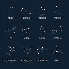 zodiac signs and their names on a dark background with stars in the night sky illustration