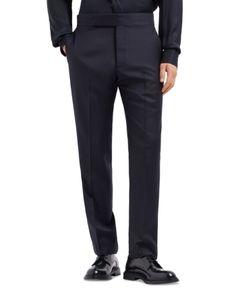 Emporio Armani Straight Leg Tuxedo Trousers Designer Fitted Formal Pants, Elegant Blue Business Bottoms, Designer Fitted Formal Bottoms, Designer Fitted Bottoms For Formal Occasions, Elegant Slim Fit Blue Pants, Luxury Business Pants Full Length, Luxury Full Length Business Pants, Luxury Full-length Business Pants, Elegant Blue Bottoms For Formal Occasions